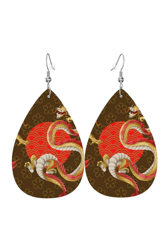 Women Leather Earrings Leaf Dangle Drop Teardrop Gift Lightweight, Asian Dragon Oriental Dragons