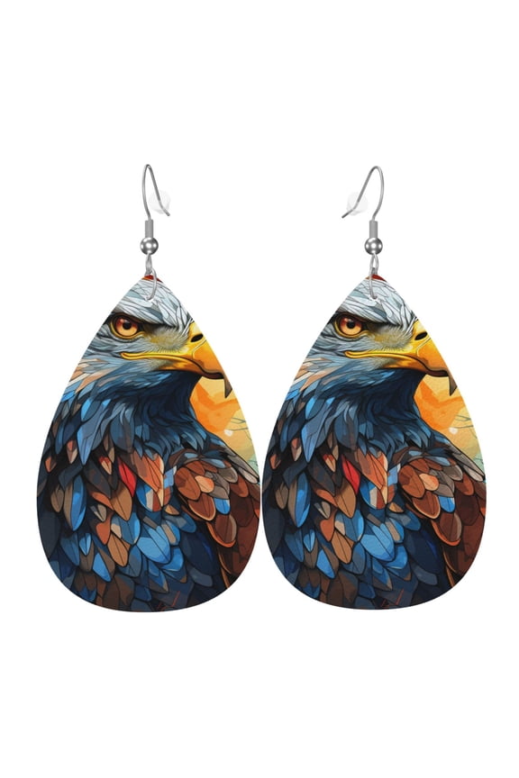 Women Leather Earrings Leaf Dangle Drop Teardrop Gift Lightweight, Bald Eagle Cool Art