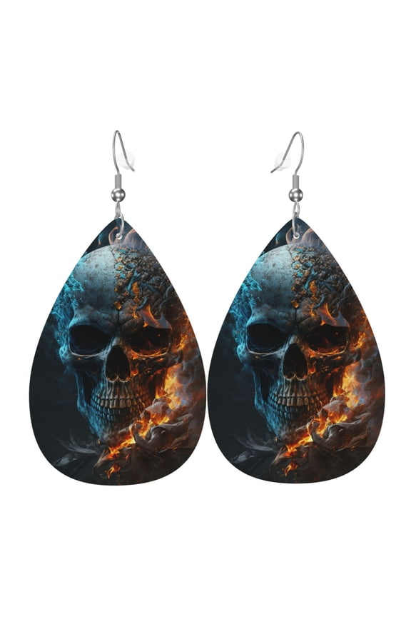 Women Leather Earrings Leaf Dangle Drop Teardrop Gift Lightweight, Burning Skull Head Death Fire Flaming