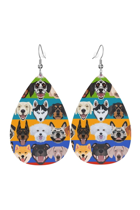 Women Leather Earrings Leaf Dangle Drop Teardrop Gift Lightweight, Colorful Dog Dogs Pattern