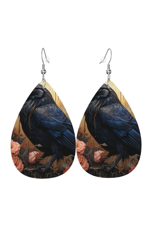 Women Leather Earrings Leaf Dangle Drop Teardrop Gift Lightweight, Crow And Flowers Raven Gothic