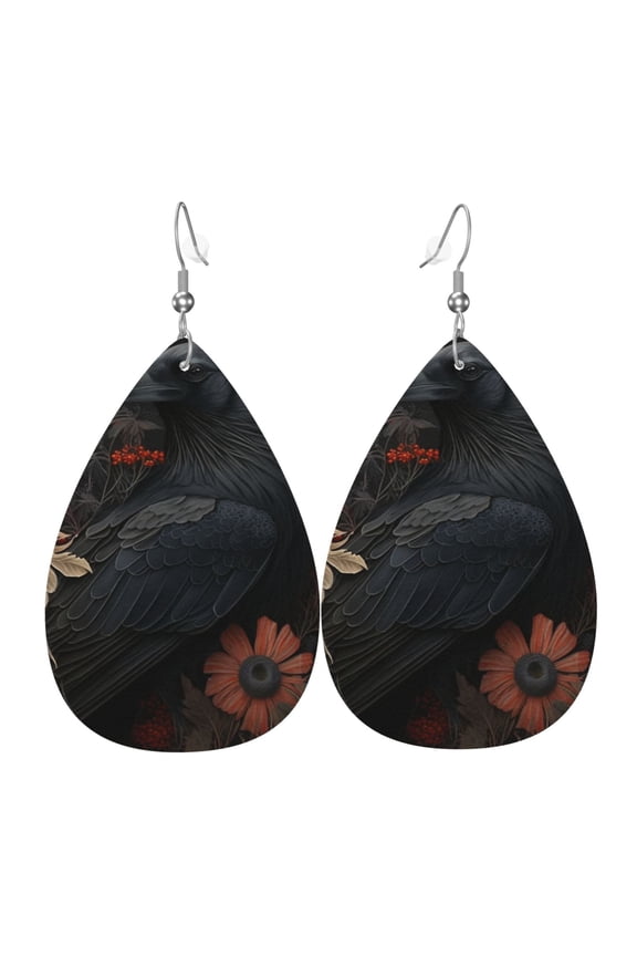 Women Leather Earrings Leaf Dangle Drop Teardrop Gift Lightweight, Crow Raven Flowers Gothic Black