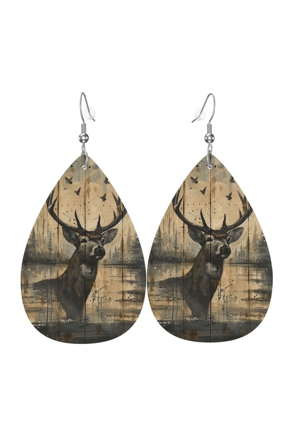 Women Leather Earrings Leaf Dangle Drop Teardrop Gift Lightweight, Deer Vintage Camo Art Black