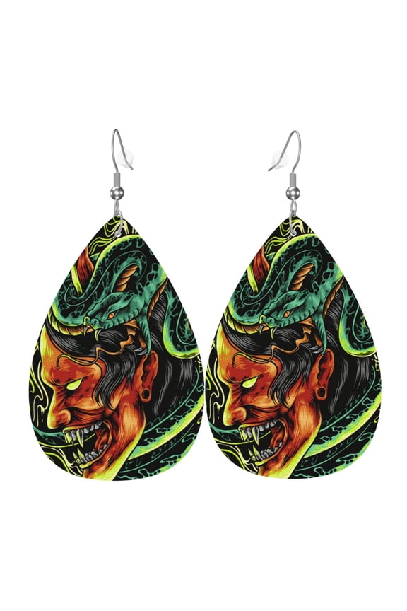 Women Leather Earrings Leaf Dangle Drop Teardrop Gift Lightweight, Devil Snake Demon Japanese