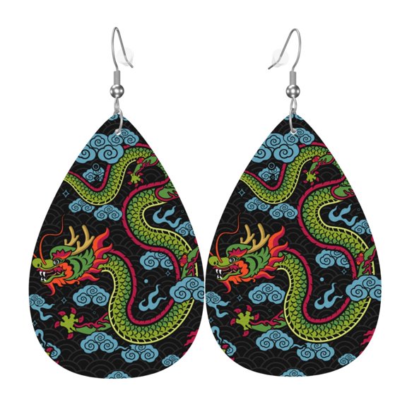 Women Leather Earrings Leaf Dangle Drop Teardrop Gift Lightweight, Dragon Asian Chinese Zodiac