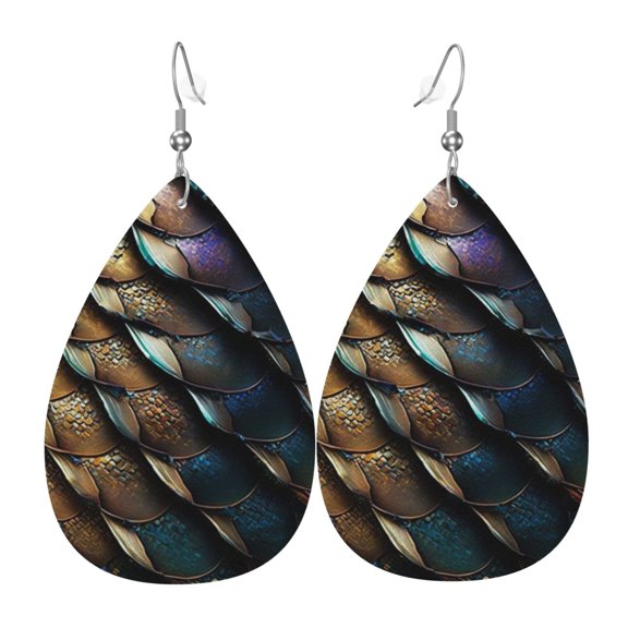Women Leather Earrings Leaf Dangle Drop Teardrop Gift Lightweight, Dragon Scale Art