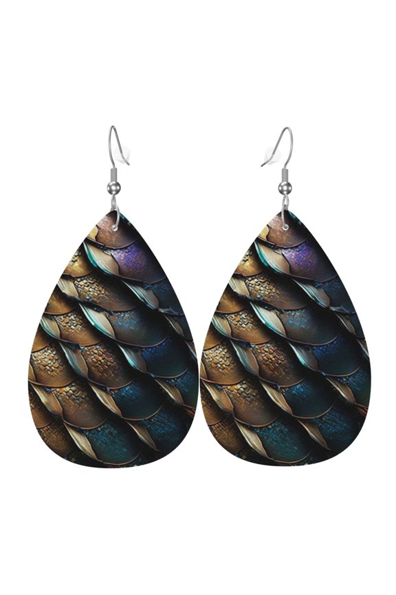 Women Leather Earrings Leaf Dangle Drop Teardrop Gift Lightweight, Dragon Scale Art