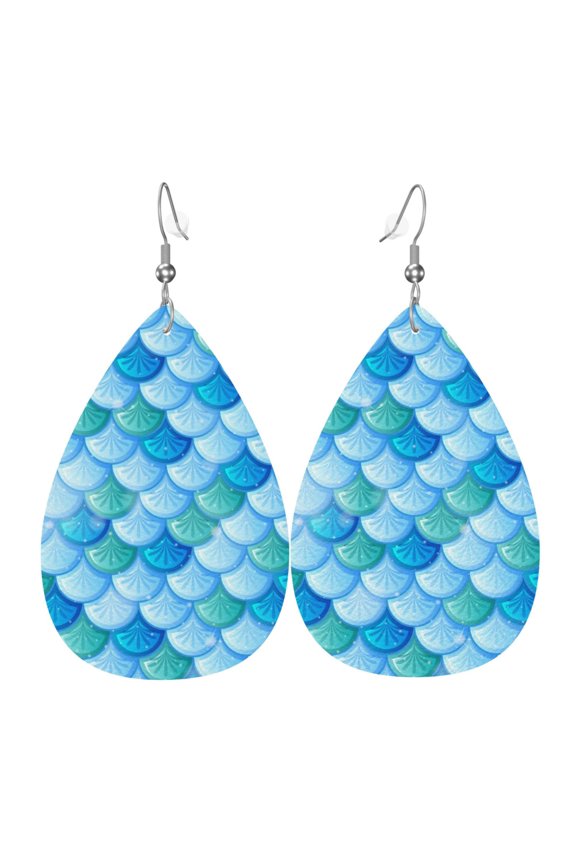 Women Leather Earrings Leaf Dangle Drop Teardrop Gift Lightweight, Fish Scale Pattern