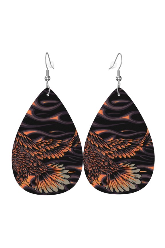 Women Leather Earrings Leaf Dangle Drop Teardrop Gift Lightweight, Flaming Eagle Fire