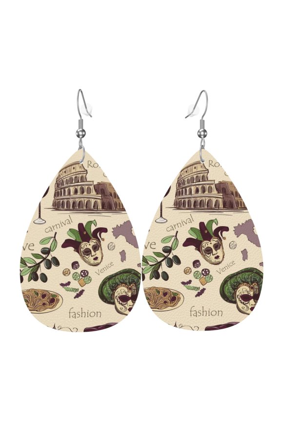 Women Leather Earrings Leaf Dangle Drop Teardrop Gift Lightweight, Italy Italian Pattern Vintage