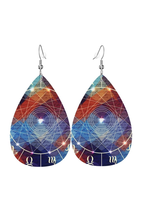 Women Leather Earrings Leaf Dangle Drop Teardrop Gift Lightweight, Magic Circle With Zodiacs Sign