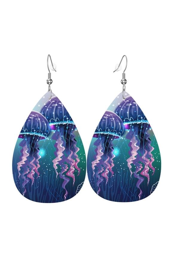 Women Leather Earrings Leaf Dangle Drop Teardrop Gift Lightweight, Magic Neon Light Jellyfish