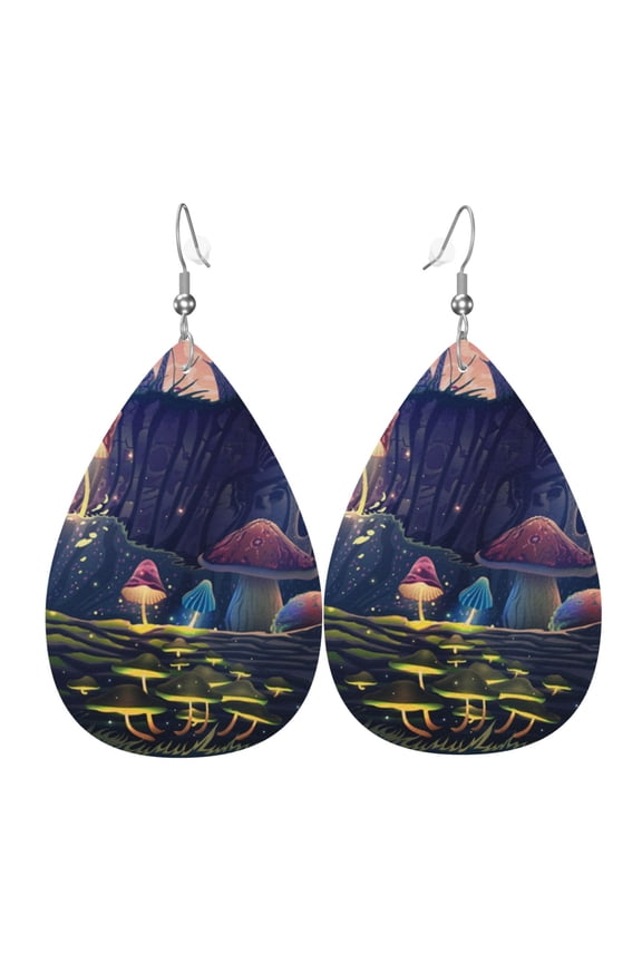 Women Leather Earrings Leaf Dangle Drop Teardrop Gift Lightweight, Mushroom Garden Wild Animals Magic