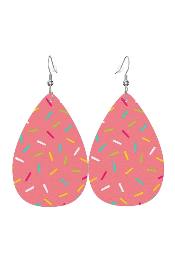 Women Leather Earrings Leaf Dangle Drop Teardrop Gift Lightweight, Pink Donut Glaze Cute