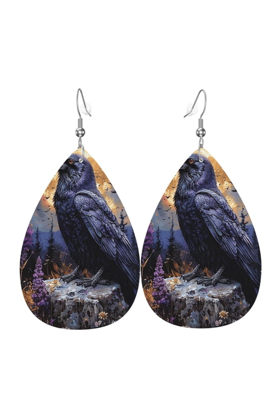 Women Leather Earrings Leaf Dangle Drop Teardrop Gift Lightweight, Raven Magic Moon