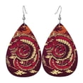 thumbnail image 1 of Women Leather Earrings Leaf Dangle Drop Teardrop Gift Lightweight, Red Dragon Cloud Japan Traditional, 1 of 6