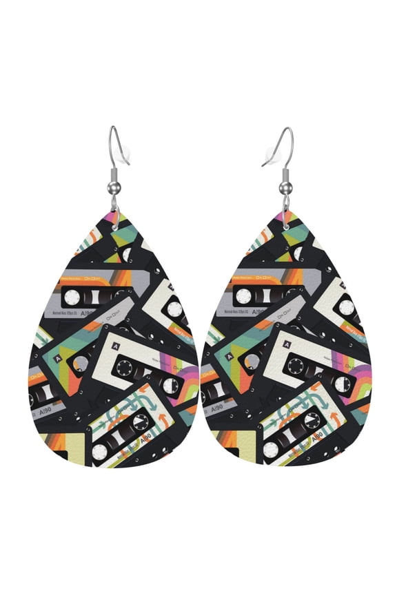 Women Leather Earrings Leaf Dangle Drop Teardrop Gift Lightweight, Retro Vintage Cassette Tape