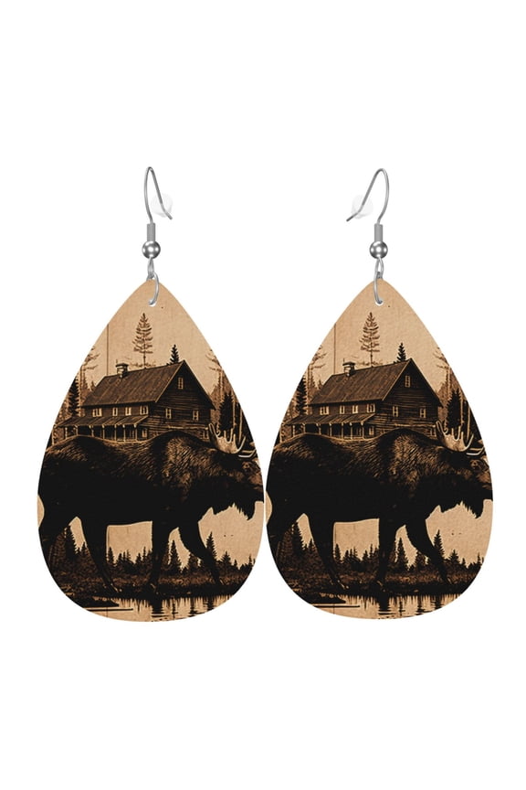 Women Leather Earrings Leaf Dangle Drop Teardrop Gift Lightweight, Rustic Lodge Moose Deer Vintage
