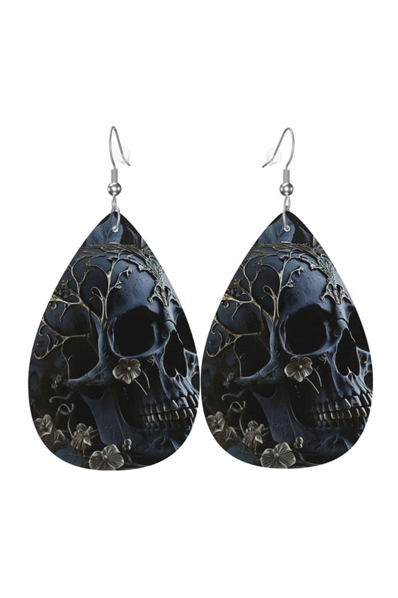 Women Leather Earrings Leaf Dangle Drop Teardrop Gift Lightweight, Skull Gothic Bones Witchy