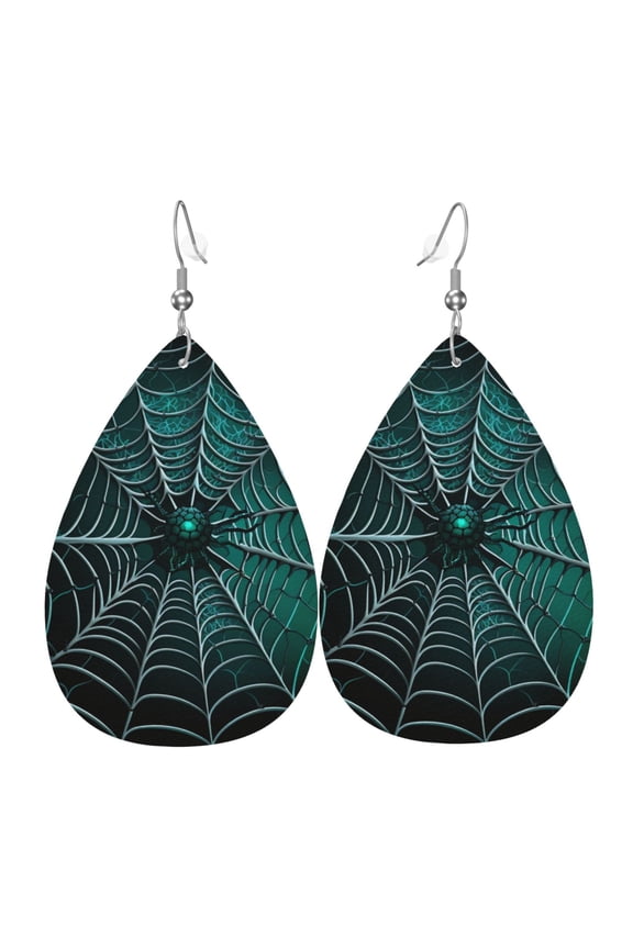 Women Leather Earrings Leaf Dangle Drop Teardrop Gift Lightweight, Spider Web Gothic Art