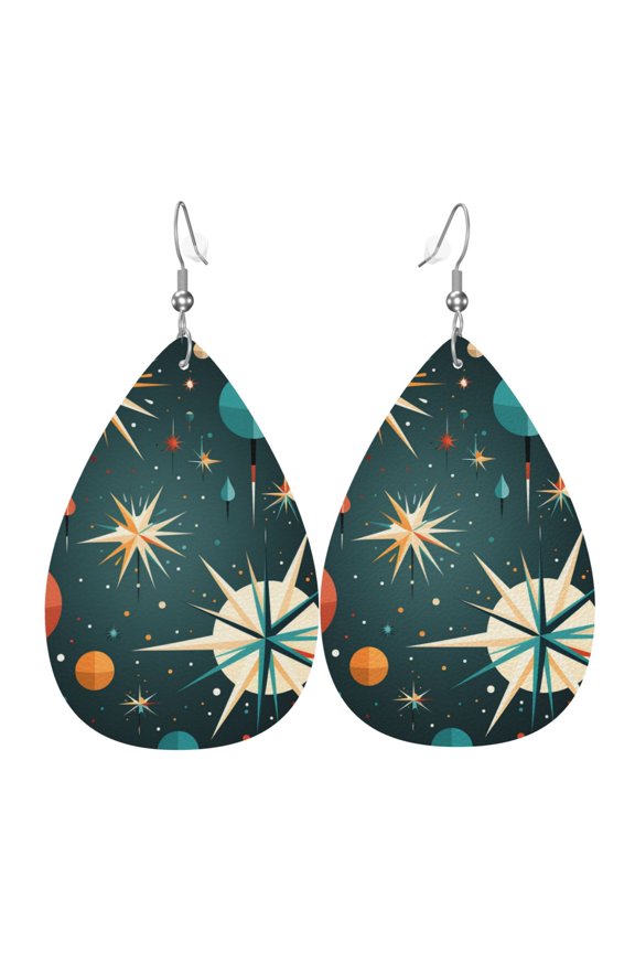 Women Leather Earrings Leaf Dangle Drop Teardrop Gift Lightweight, Star Retro Mid Century Atomic Starry Vintage