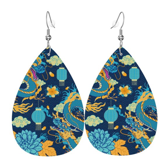 Women Leather Earrings Leaf Dangle Drop Teardrop Gift Lightweight, Traditional Chinese Dragon Asian