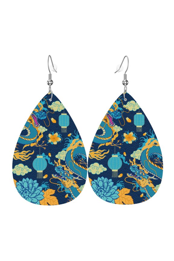 Women Leather Earrings Leaf Dangle Drop Teardrop Gift Lightweight, Traditional Chinese Dragon Asian