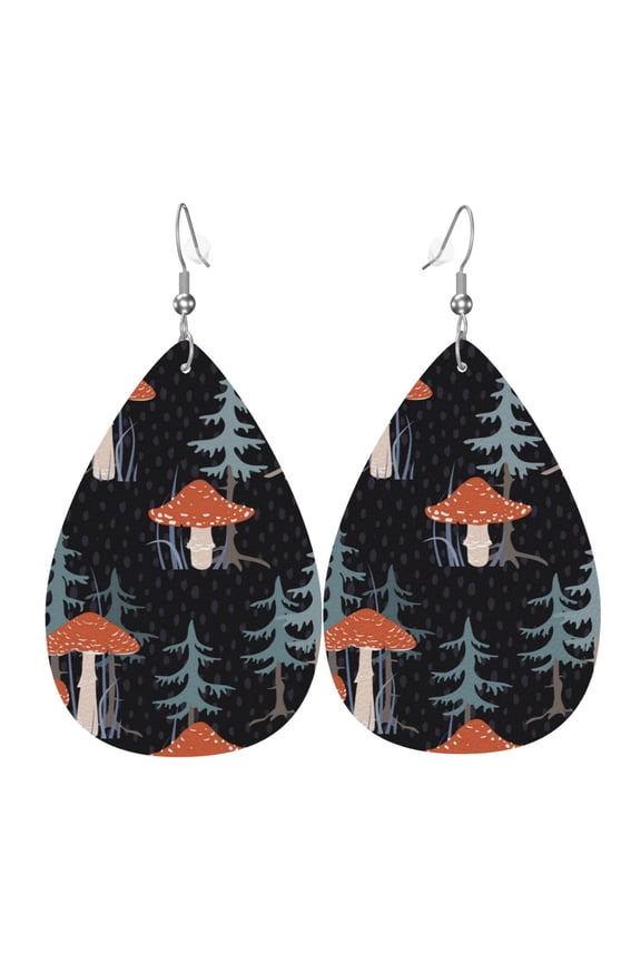 Women Leather Earrings Leaf Dangle Drop Teardrop Gift Lightweight, Tree Mushroom Magic