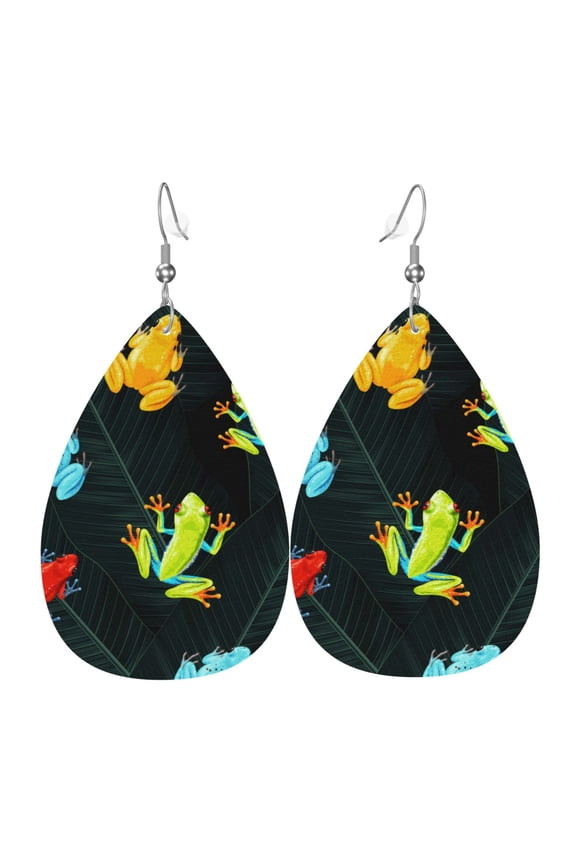 Women Leather Earrings Leaf Dangle Drop Teardrop Gift Lightweight, Tropical Frogs Palm Leaf