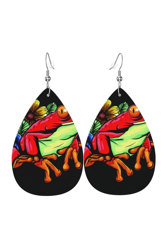 Women Leather Earrings Leaf Dangle Drop Teardrop Gift Lightweight, Watercolor Red Frog With Flower