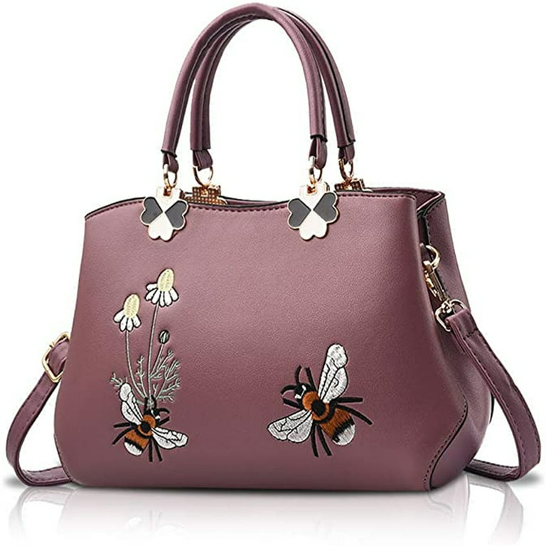 Yuanbang Women Leather Handbags Luxury Ladies Hand Bags Purse Fashion Embroidery Shoulder Bags,Violet, Women's, Size: Small, Purple