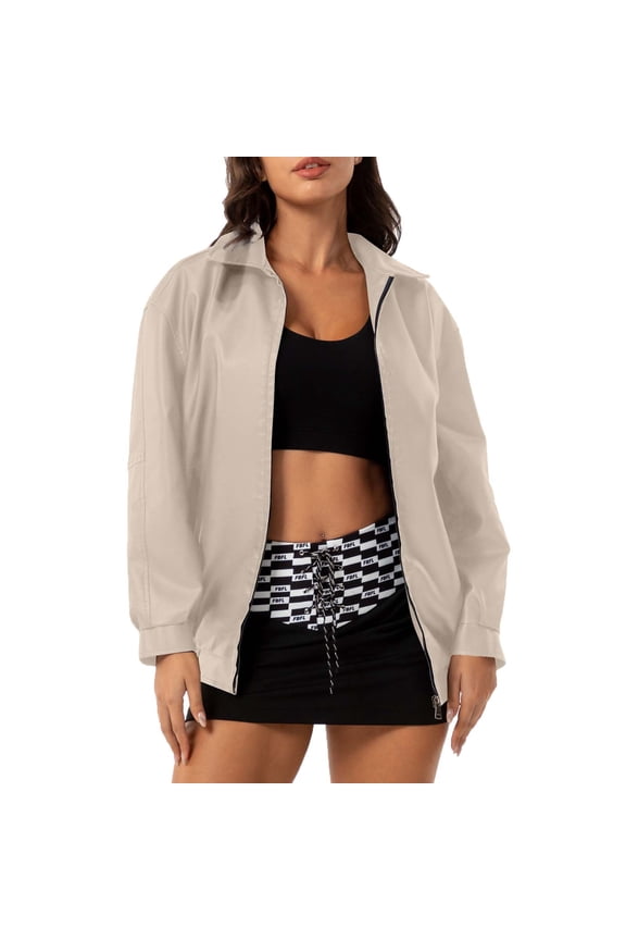 Women Leather Jacket Long Sleeve Jacket Zipper Leather Coats Lapel Collar Outwear Winter Jacket Coat Hoodie with Inside Pockets S-16 Beige L