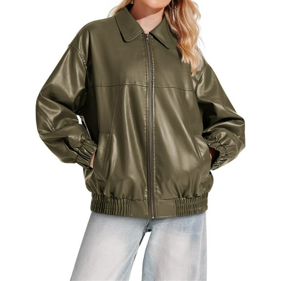 Women Leather Jacket Oversized Faux Casual Zip Up Motorcycle Jackect