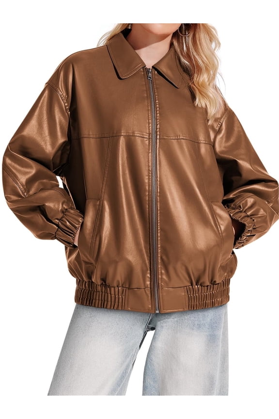 Women Leather Jacket Oversized Faux Casual Zip Up Motorcycle Jackect