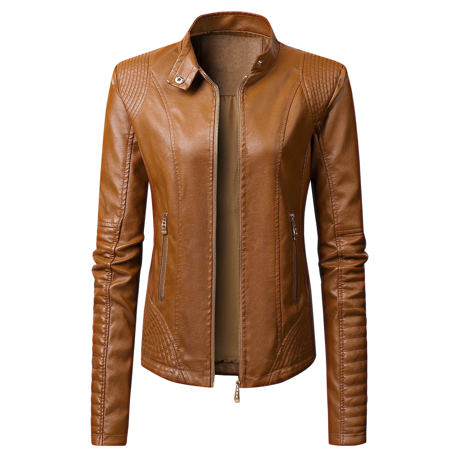 Women Leather Jackets Fashion Womens Jacket Solid Long Sleeve Zipper Pocket Outerwear Tops Short Coat Brown XXL