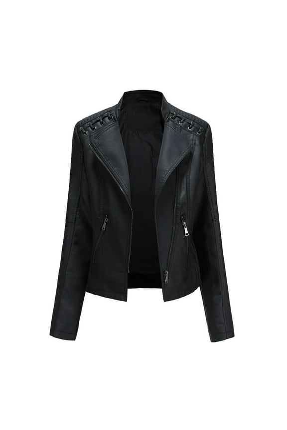 Women Leather Jackets Women Ladies Lapel Motor Jacket Coat Zip Biker Short Punk Cropped Tops Black L