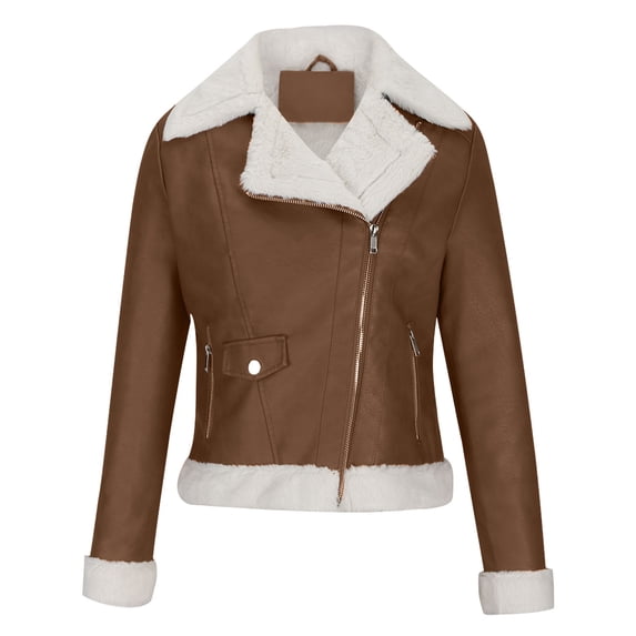 Women Leather Jackets Clearance Sale Women's Fleece Leather Jacket With Long Sleeve Lapel Coat Casual Jacket Coffee XXL