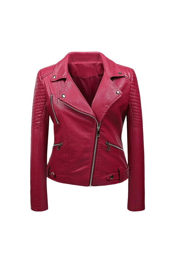 Women Leather Jackets Women's Leather Standing Collar Slim Fitting Motorcycle Jacket Leather Jacket Red XXL