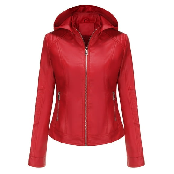 Women Leather Jackets Clearance Sale Women's Leather Standing Collar Slim Fitting Zipper Hood (detachable) Jacket Leather Coat Red XXXL