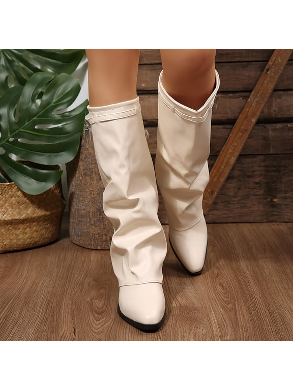 Women Leather Knee High Boots, Square Toe Low Block Heel Wide Calf Tall Boots, Trendy Fold Over Long Booties Beige 7.5(40)