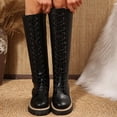thumbnail image 1 of Women Leather Knee High Combat Boots, Round Toe Front Lace Up Side Zipper Lug Sole Tall Boots, Chunky Boots, 1 of 7