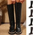 thumbnail image 1 of Women Leather Knee High Combat Boots, Round Toe Front Lace Up Side Zipper Lug Sole Tall Boots, Chunky Boots, 1 of 7