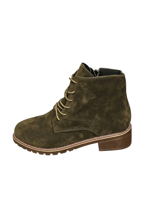 Women Leather Lace Up Combat Ankle Boots, Side Zipper Block Low Heel Lug Sole Short Booties, Non Slip Waterproof Casual Western Boots for Fall Winter A-Army Green 5.5(36)