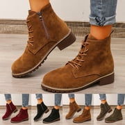 Women Leather Lace Up Combat Ankle Boots, Side Zipper Block Low Heel Lug Sole Short Booties, Non Slip Waterproof Casual Western Boots for Fall Winter A-Wine 9.543