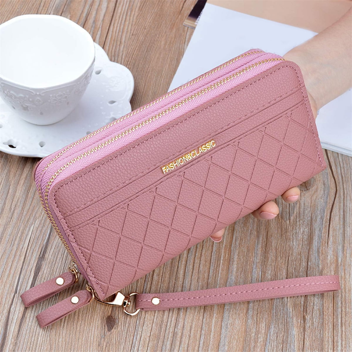 Women Leather Long Wallets Double Zipper Purse Big Fashion Wristlet Wallet Pink