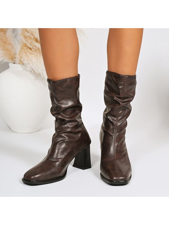 Women Leather Mid Calf Boots, Pointed Toe Slouch Ruched Back Zipper Block Heel Booties, Elegant Dress Boots