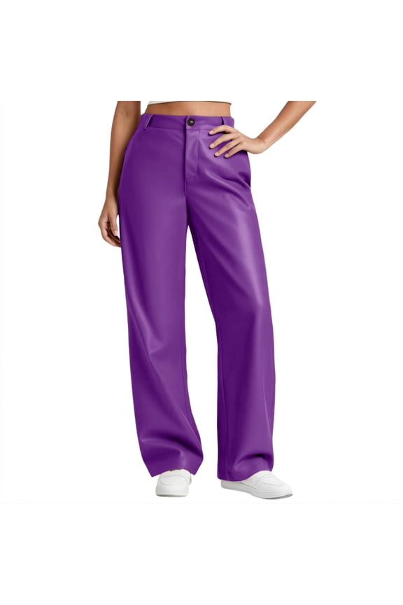 Women Leather Pants High Waist Coated PU Zipper Fly Straight Leggings Wide Leg Pants with Pockets