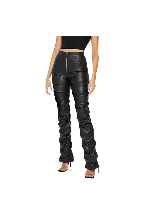 Women Leather Ruched Low Waist Pants Stacked Leggings Tights Party E Girl Streetwear Casual Comfortable Sweatpants for Women Relaxed Fit Pant