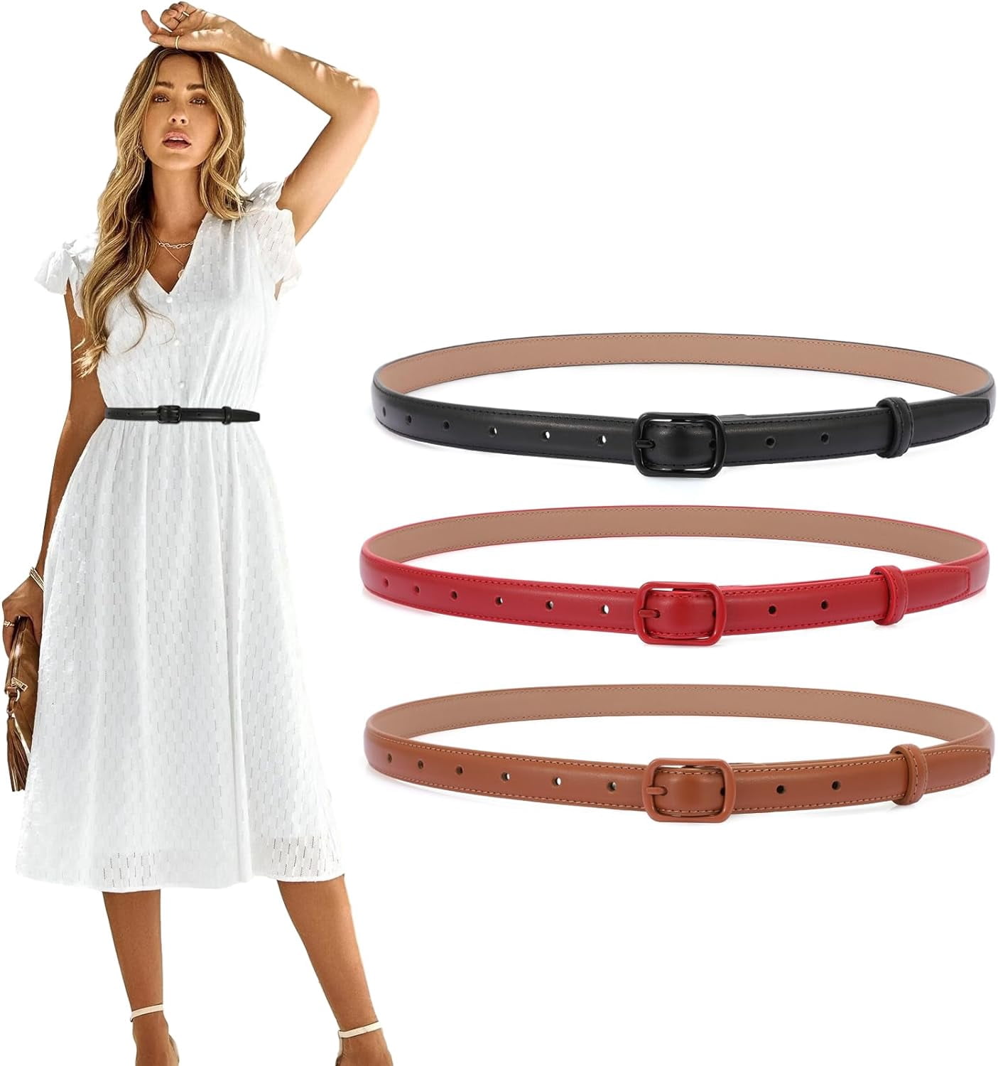 Women Leather Thin Belt for Dress Jeans Skinny Waist Belt 