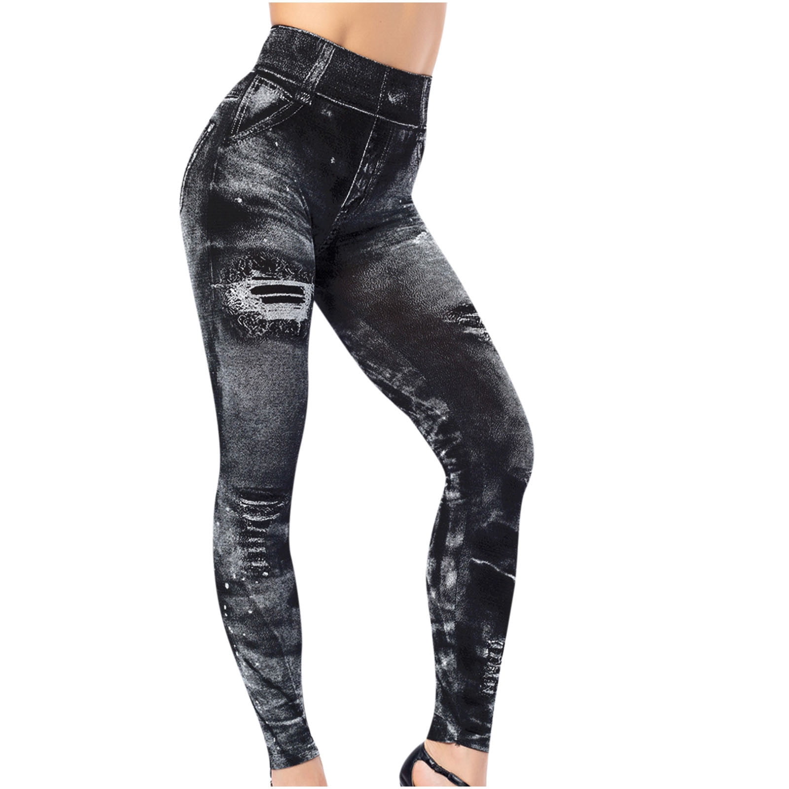 Women Leggings Appear Thin Traceless Pants Yoga Destroyed Skinny Jeans Gray  Size L